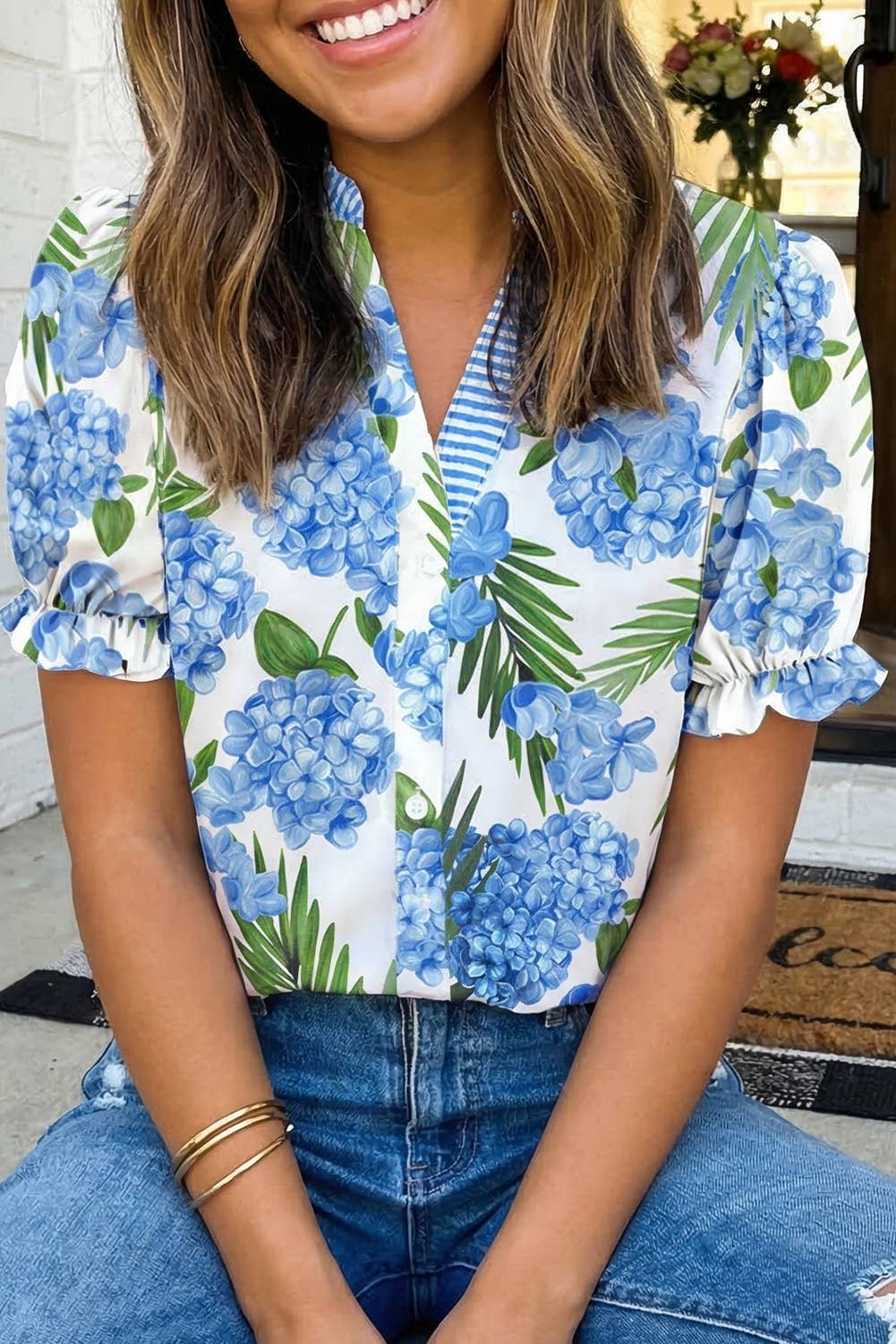 Floral Print Striped Patchwork V Neck Blouse (S-XL)
