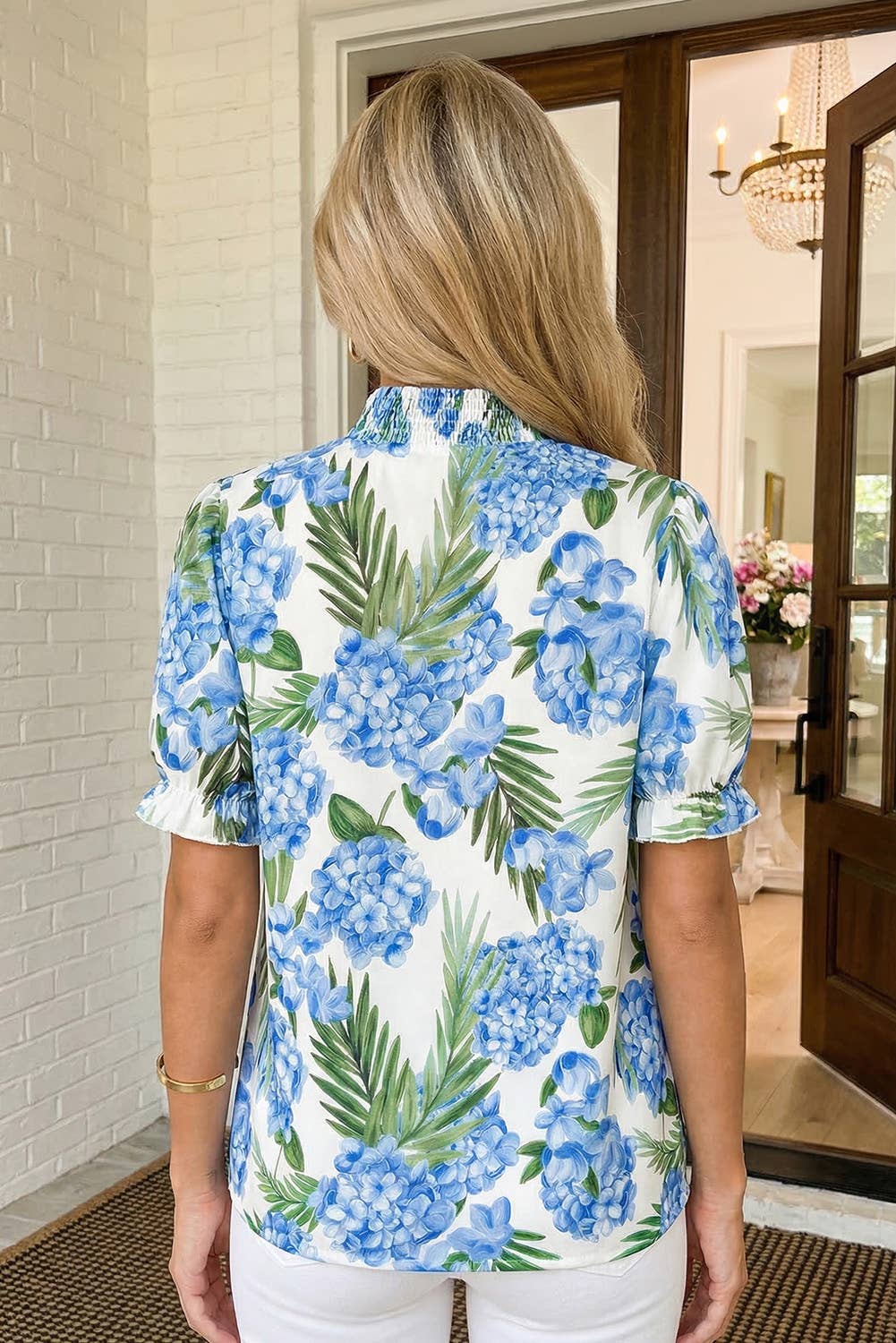 Floral Print Striped Patchwork V Neck Blouse (S-XL)