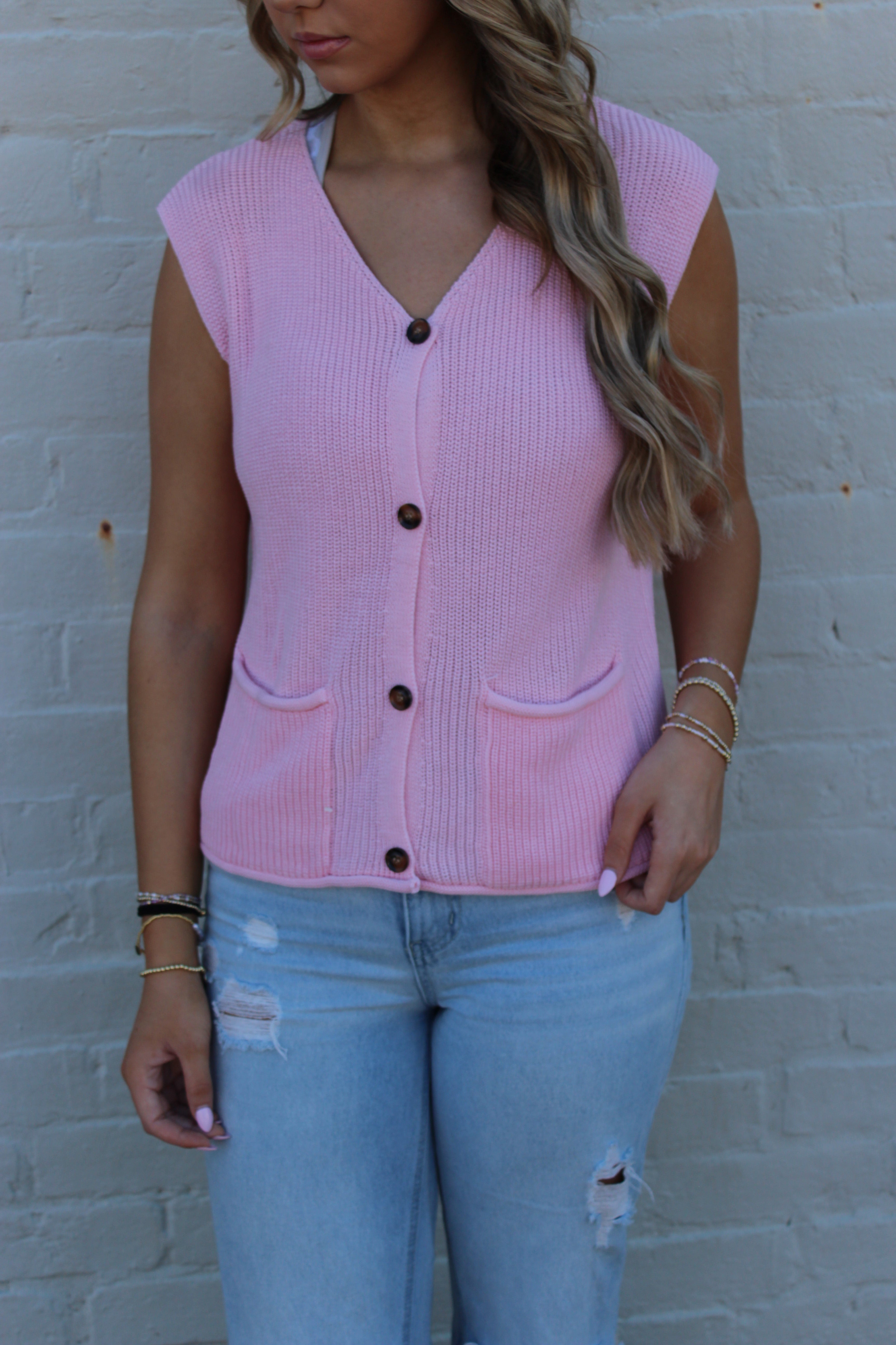 Solid Color Knit V Neck Button Front Sweater Vest