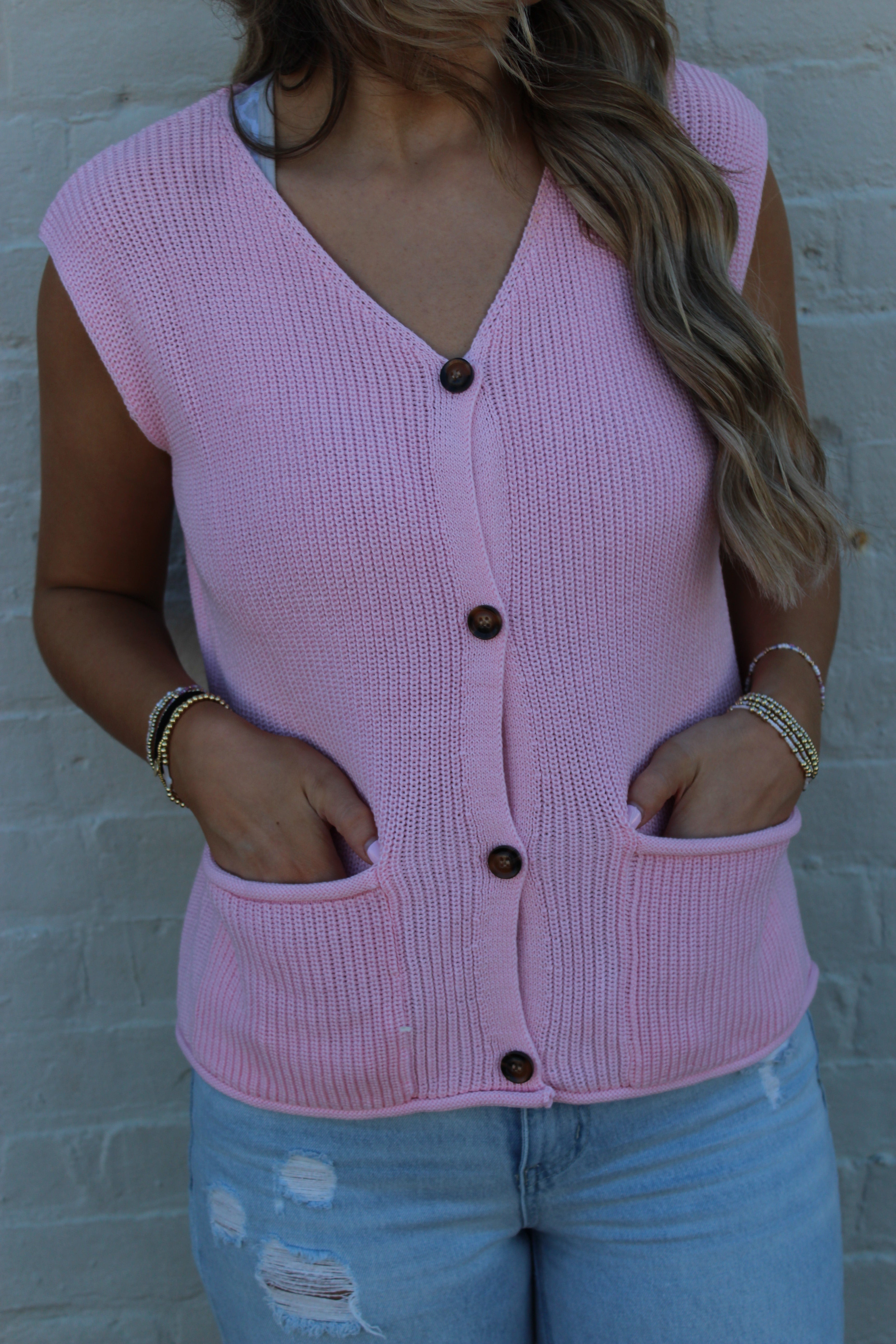 Solid Color Knit V Neck Button Front Sweater Vest