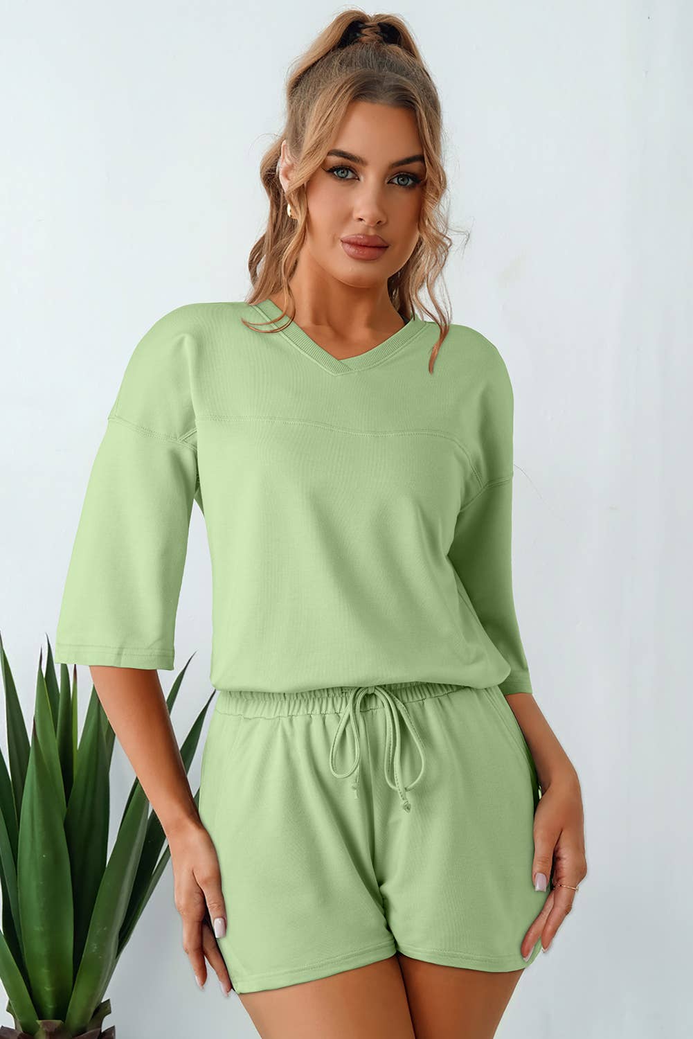 Solid Loose V-Neck Half Sleeve Tee and Shorts Set